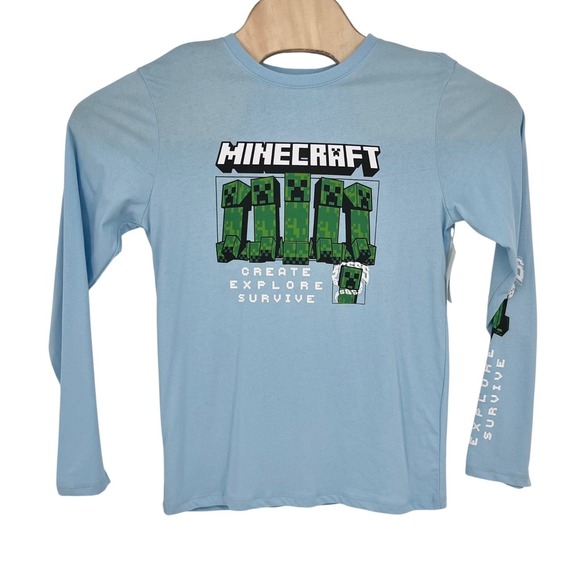 Minecraft Other - Minecraft Graphic Tee Boy 2XL 18 Blue Long Sleeve Creeper Create Explore Survive